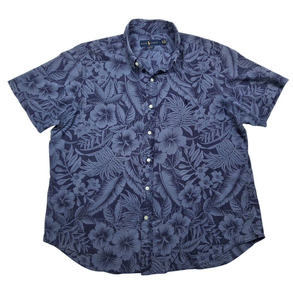 Ralph Lauren Button Down Shirt Mens XL Blue Floral Hibiscus Classic Short Sleeve